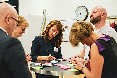 Link til større version af billede med deltagere i aktivitet om cand.it.ernes værdiskabelse