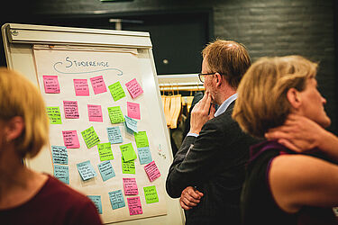 Link til større version af billede, hvor deltagere studerer post-its om cand.it.ernes værdiskabelse