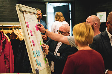 Link til større version af billede, hvor deltagere sorterer post-its om cand.it.ernes værdiskabelse