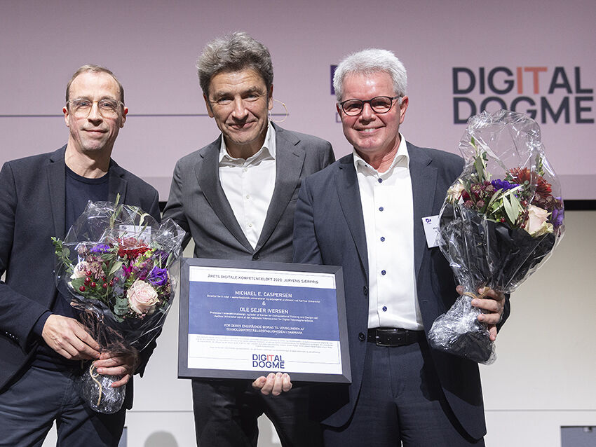 Ole Sejer Iversen, André Rogaczewski og Michael E. Caspersen. Digital Dogme, priser 2023. Fotograf Jacob Nielsen.