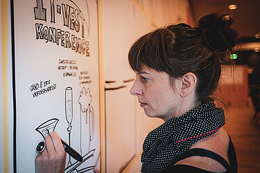 Link til større version af billede af grafisk facilitator Mie Nørgaard under It-vest-konferencen